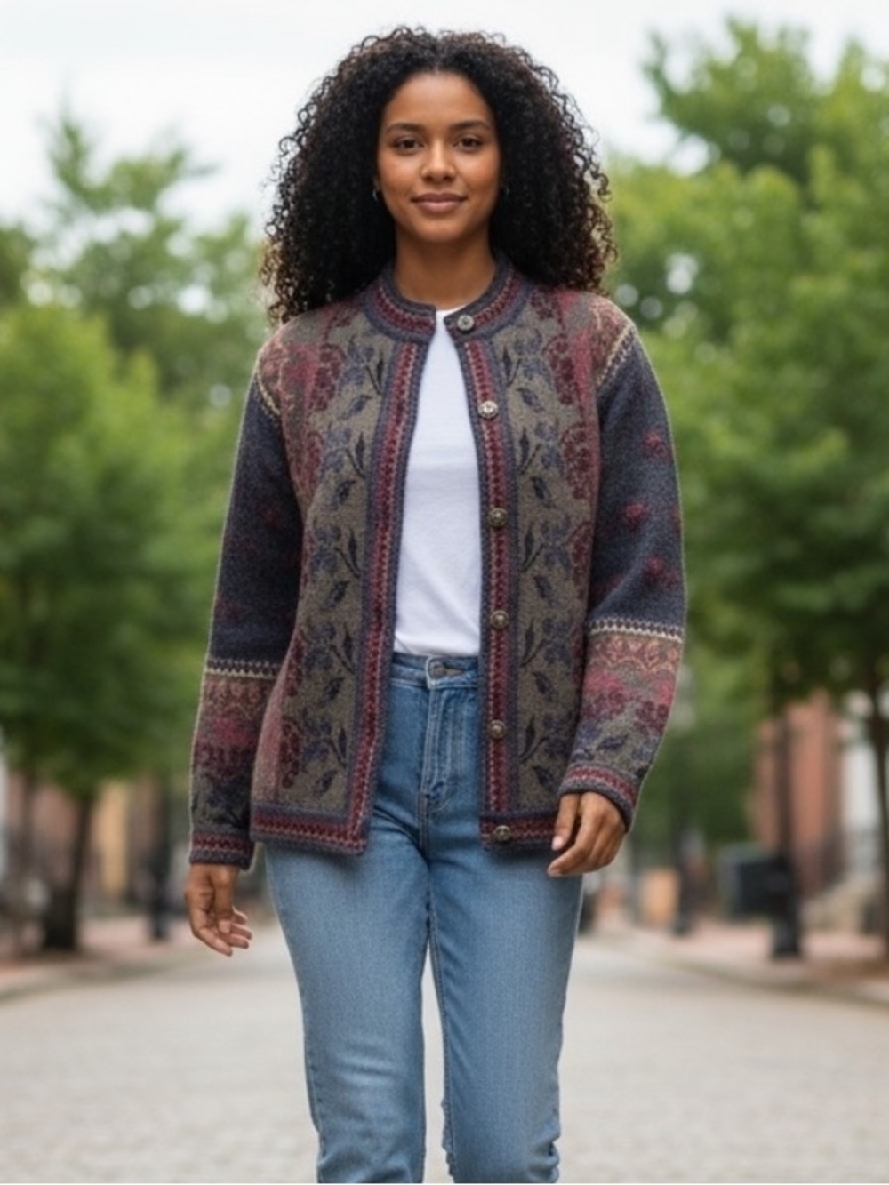 Vintage Cherry Lewis Vintage Wool Blend Multicolor tapestry knit Cardigan large - Picture 3 of 6